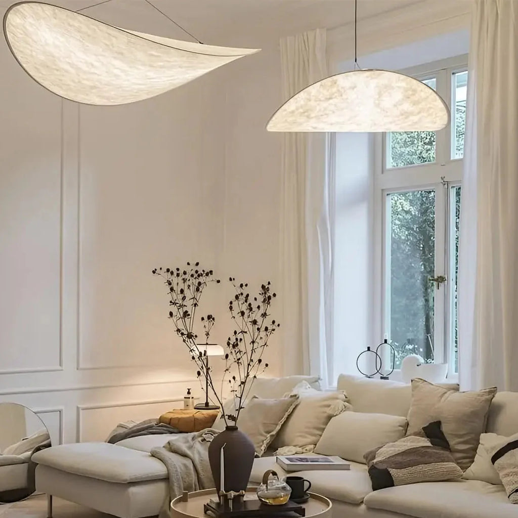 AKARI Pendant Light in kitchen – above island, 60cm variant, integrated LED, Wabi-Sabi design