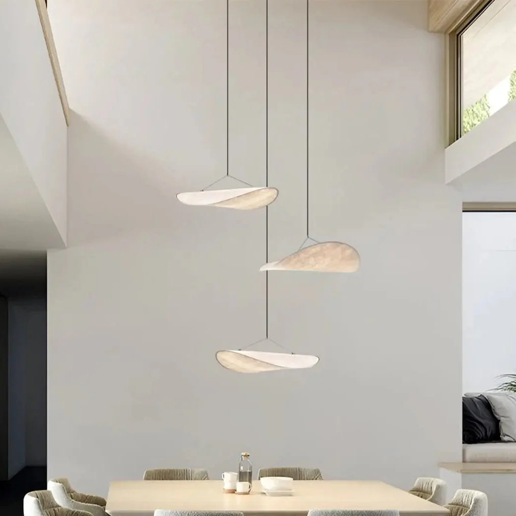 AKARI Pendant Light in living room – sculptural fabric pendant, Scandinavian aesthetic, LUMA