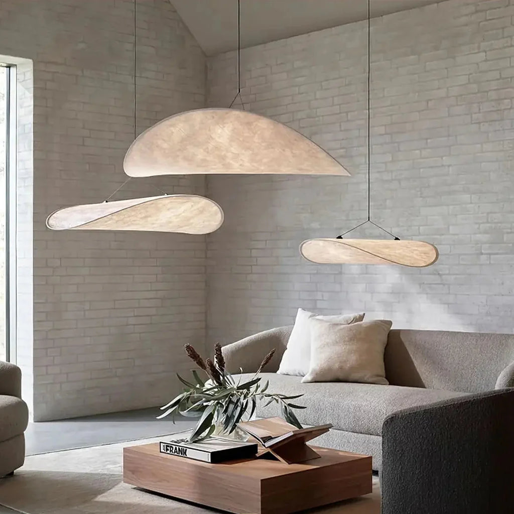 AKARI Wabi-Sabi Pendant Light – diffusing fabric shade, black metal structure, Japandi style