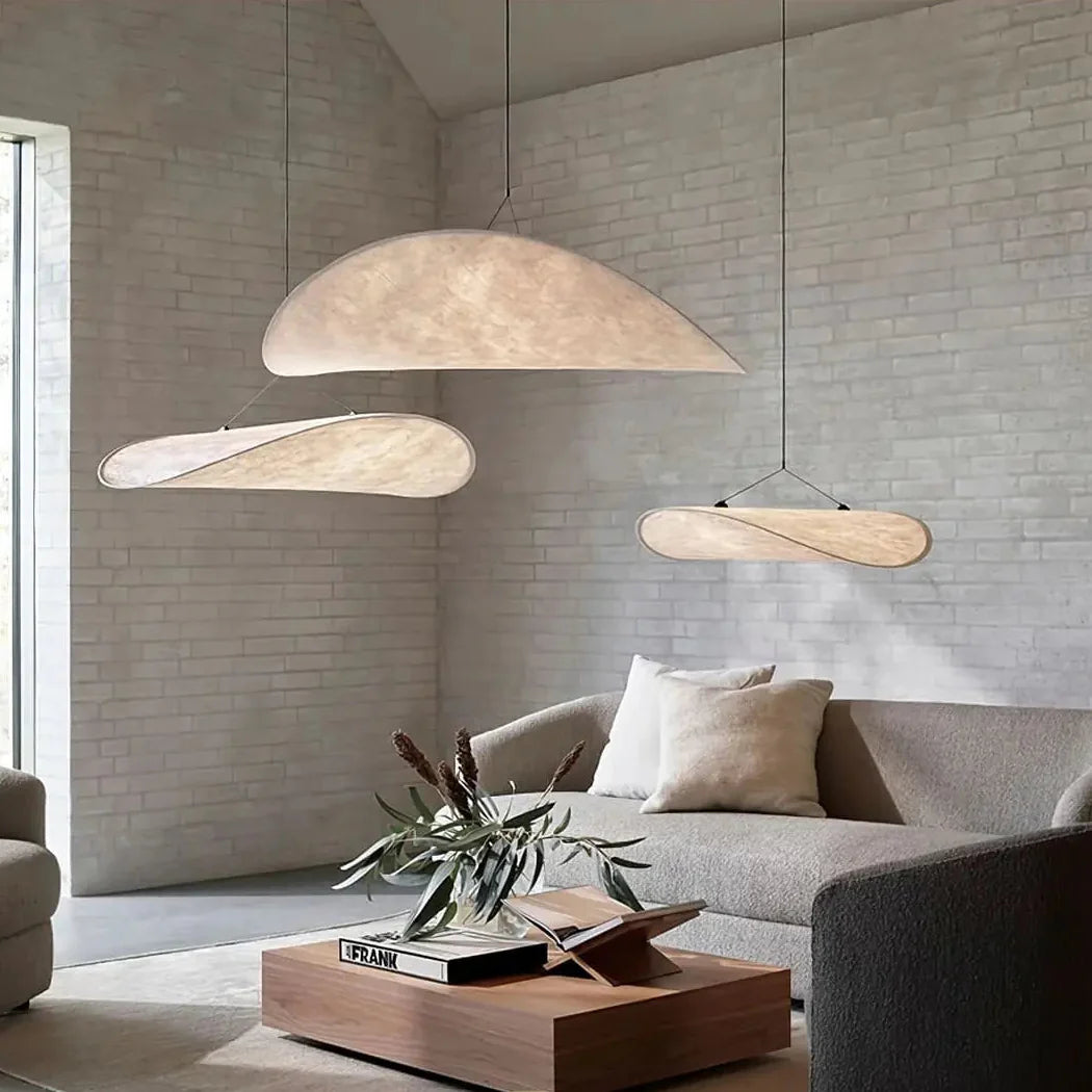 AKARI Wabi-Sabi Pendant Light – diffusing fabric shade, black metal structure, Japandi style
