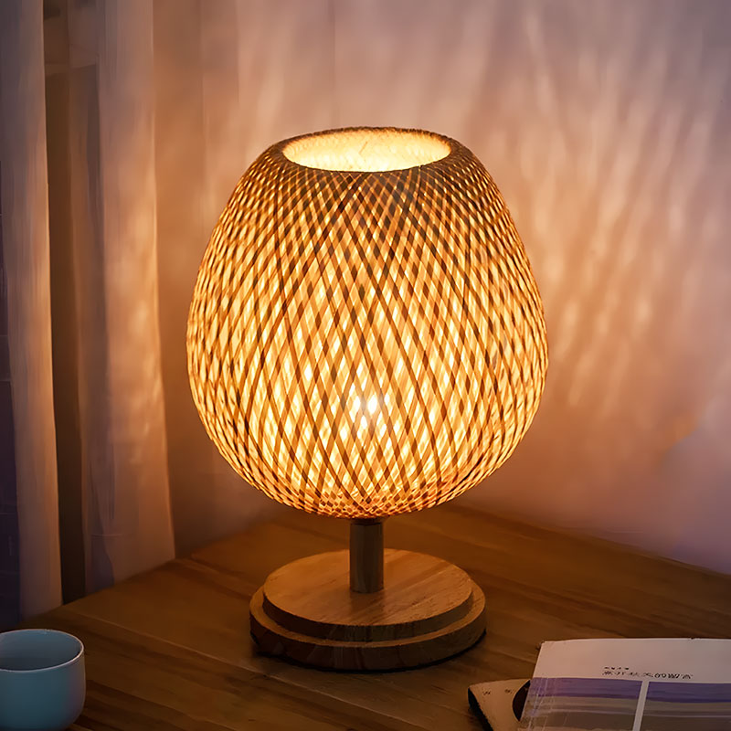 AKARI Rattan Lamp in bedroom – warm ambient glow, E27 bulb, Bohemian bedside table lamp