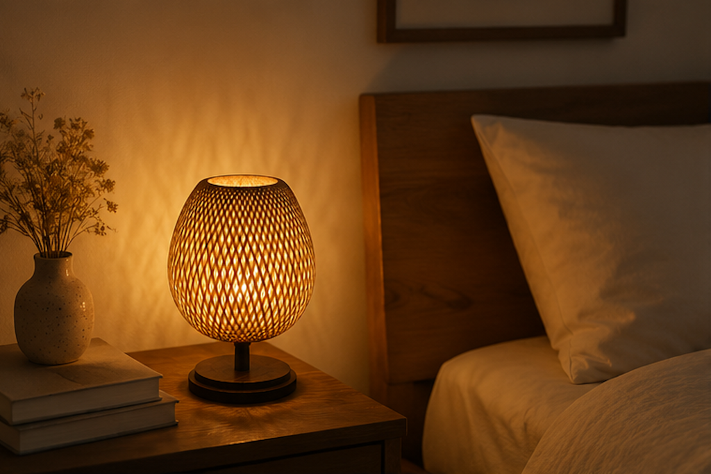 AKARI Rattan Lamp in living room – natural wood base, sustainable bamboo, CE certified, LUMA