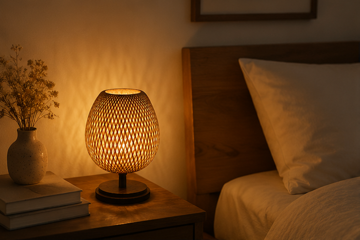 AKARI Rattan Lamp in living room – natural wood base, sustainable bamboo, CE certified, LUMA