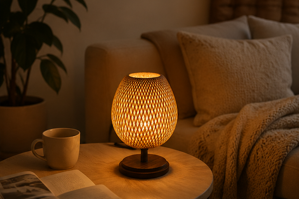 AKARI Rattan Lamp on console – Bohemian accent lamp, 1.8m cord, rustic contemporary decor