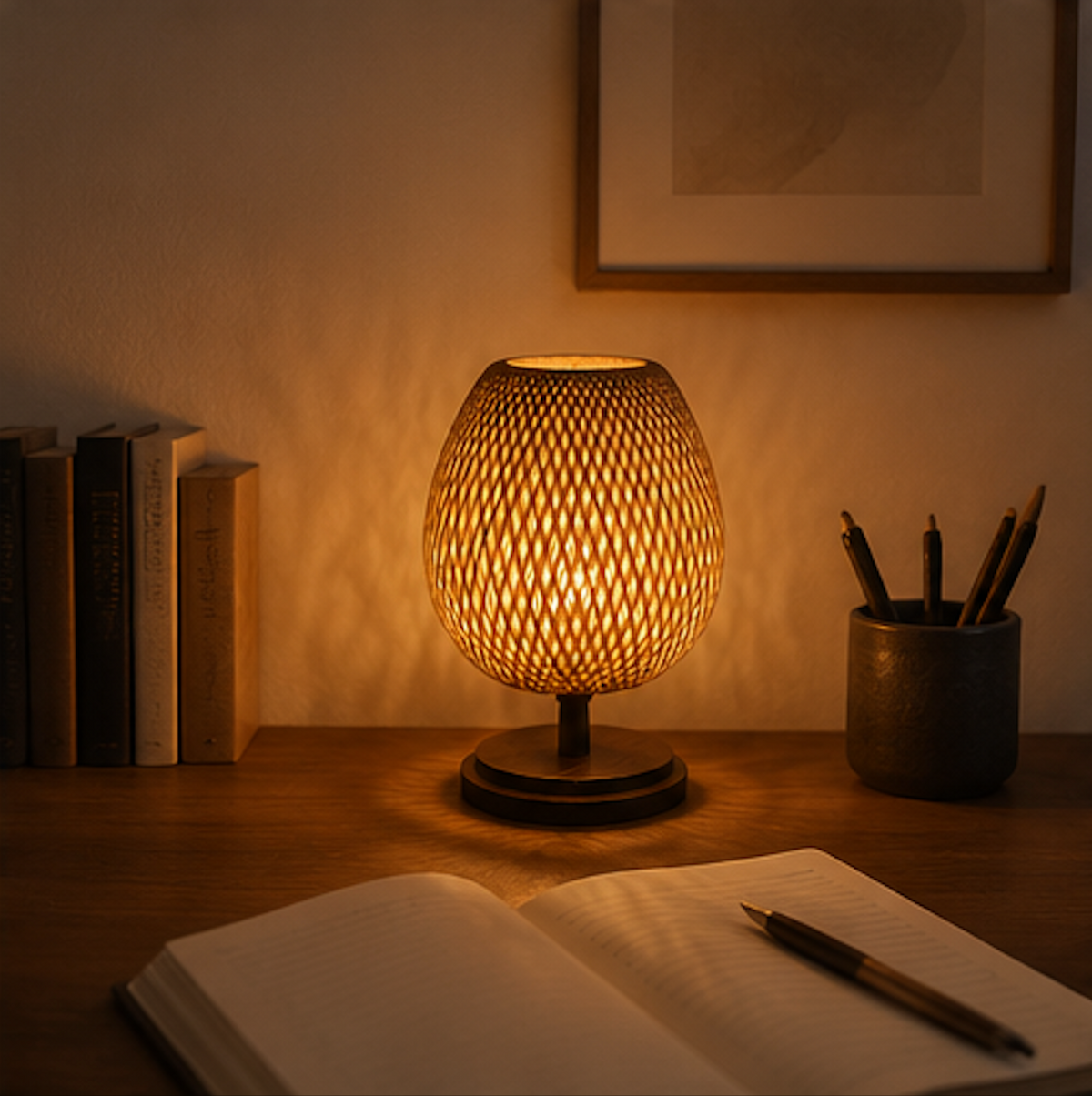 AKARI Rattan Lamp in cafe setting – natural materials, artisan craft, warm interior atmosphere