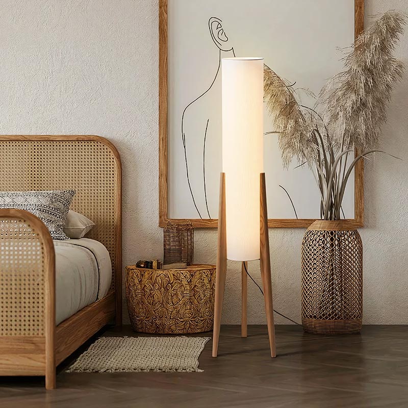AKARI Tall Designer Bedside Lamp – beech wood base, fabric shade, 29x128cm, Japandi style