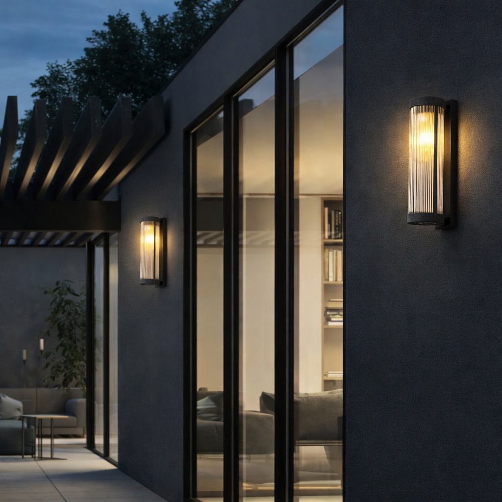 Ribbed Glass Wall Sconce in living room – warm ambient glow, black and gold finish, LUMA LIGHTS