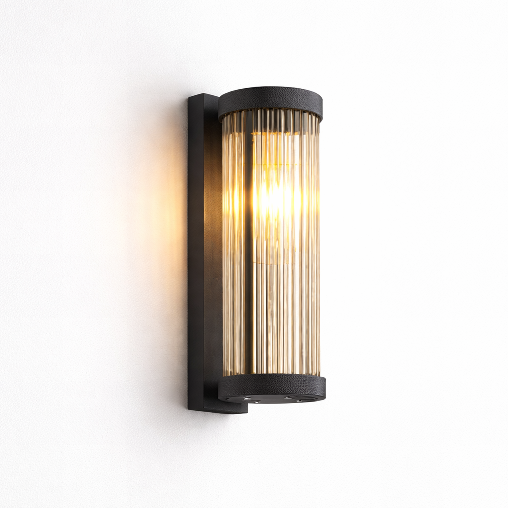 Ribbed Glass Wall Sconce close-up – ribbed glass shade detail, gold accent, depth 16cm