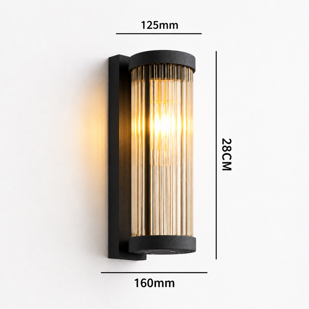 Ribbed Glass Wall Sconce in bedroom – bedside wall light, black gold sconce, cosy atmosphere