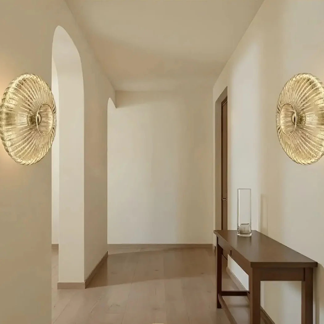 HALO Round Wall Light – smoked grey ribbed hand-blown glass, 30cm diameter, brushed brass mount
