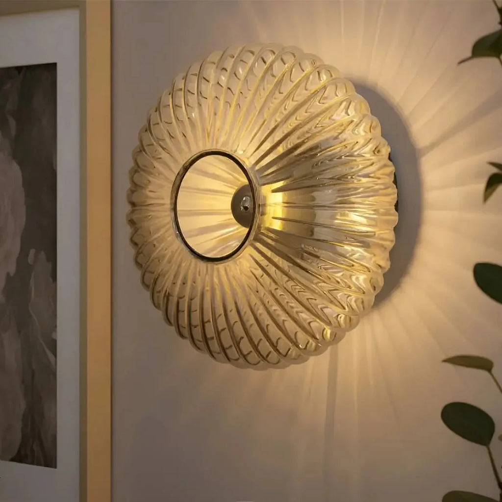HALO Round Wall Light – smoke grey vintage glass, soft radiant glow, bedroom wall decor
