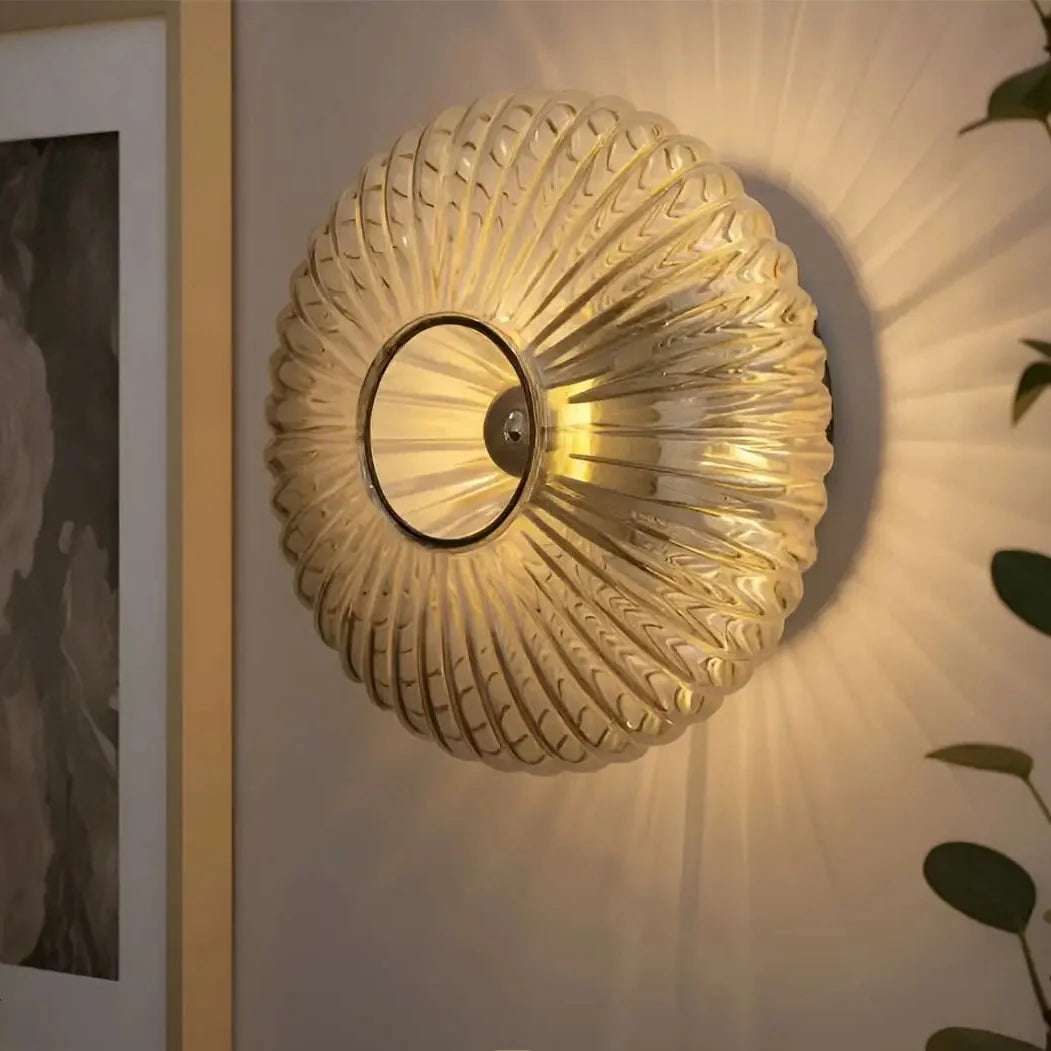 HALO Round Wall Light – smoke grey vintage glass, soft radiant glow, bedroom wall decor