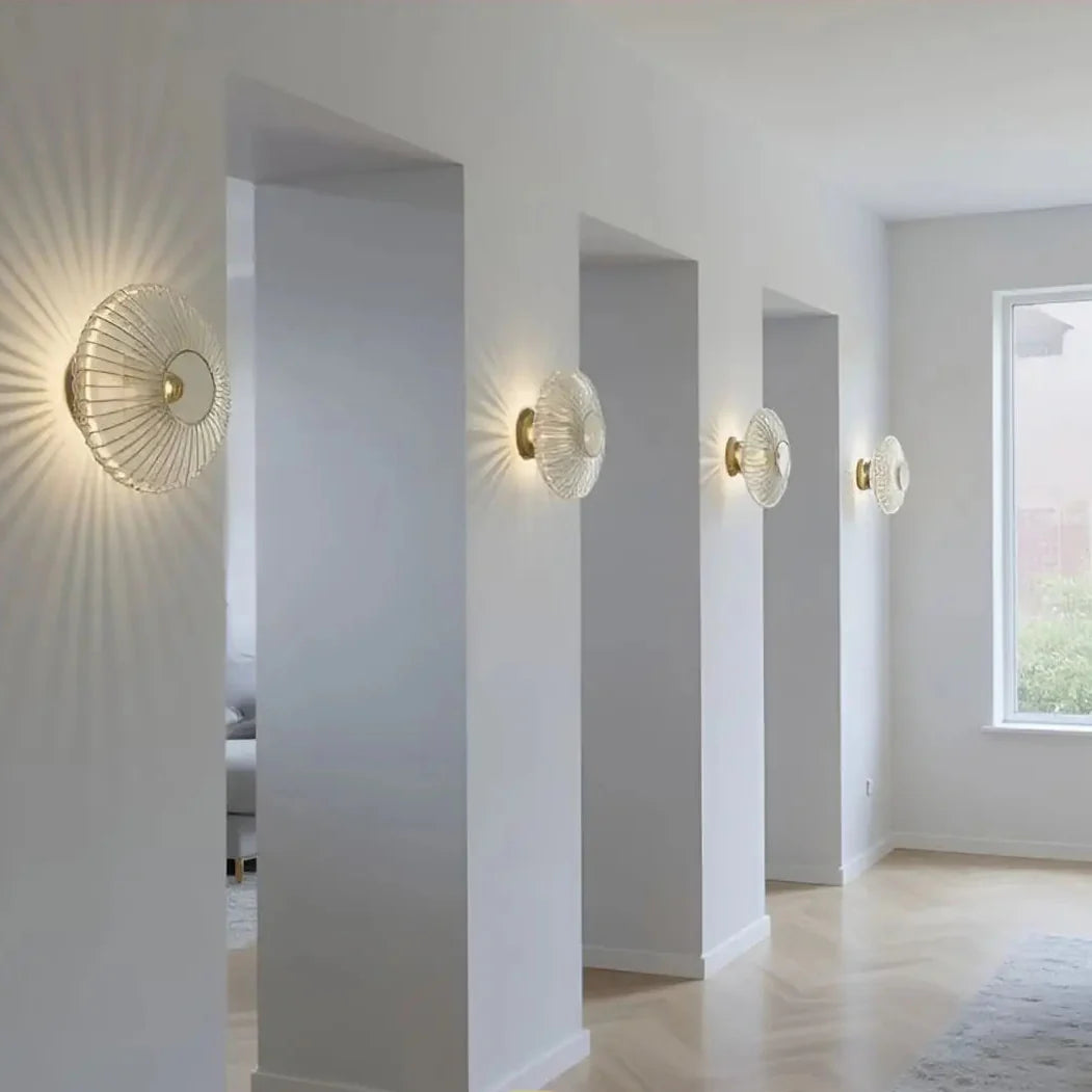 HALO Round Wall Light close-up – ribbed glass texture detail, warm E27 light diffusion