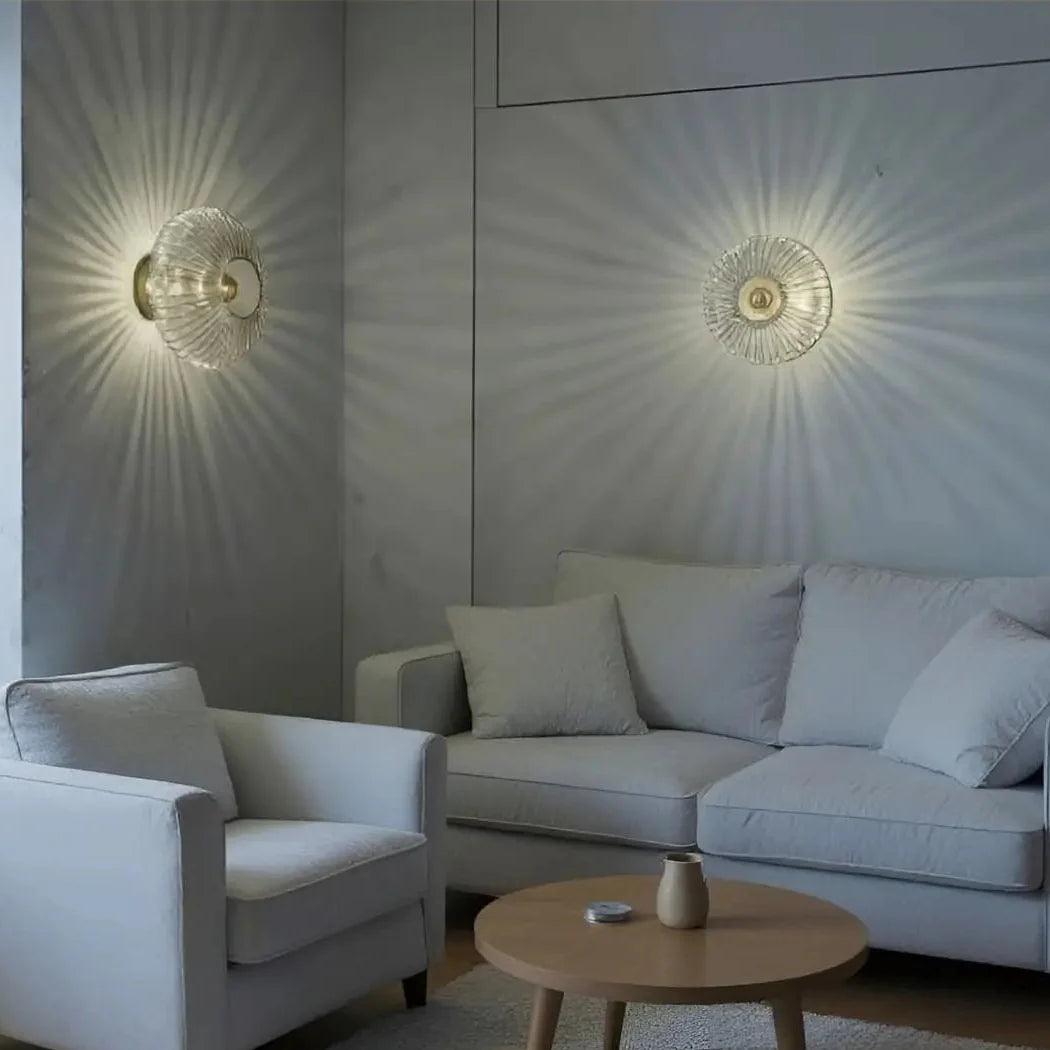 HALO Round Wall Light white variant – milk white ribbed glass, living room wall light, LUMA