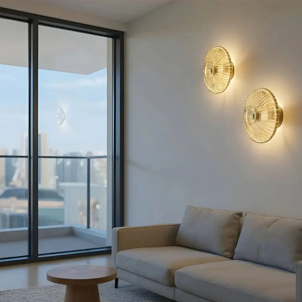 HALO Round Wall Light amber glass variant – warm amber glow, ribbed vintage glass, entrance decor