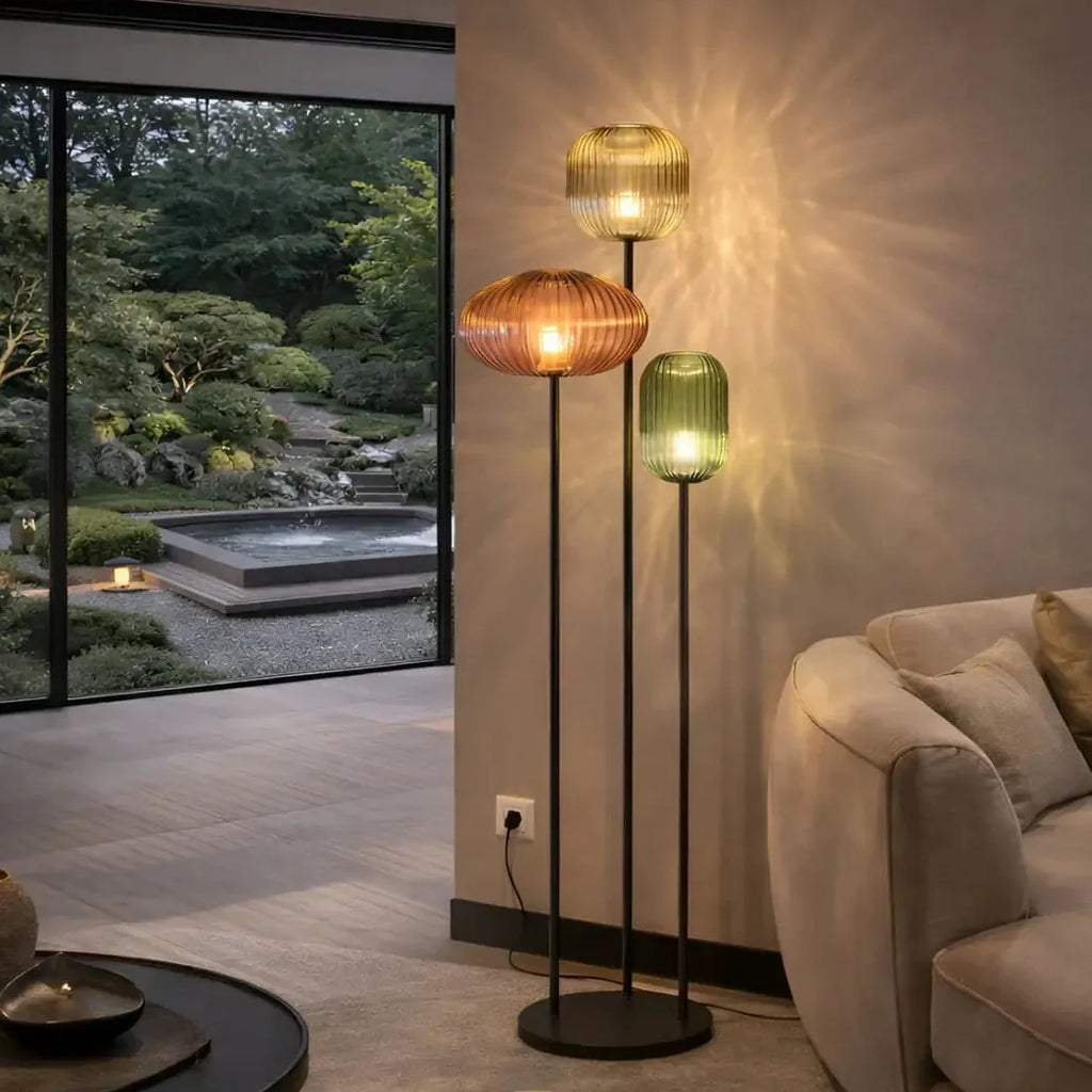 HALO Floor Lamp side view – smoked glass globes, slender black metal structure, elegant design