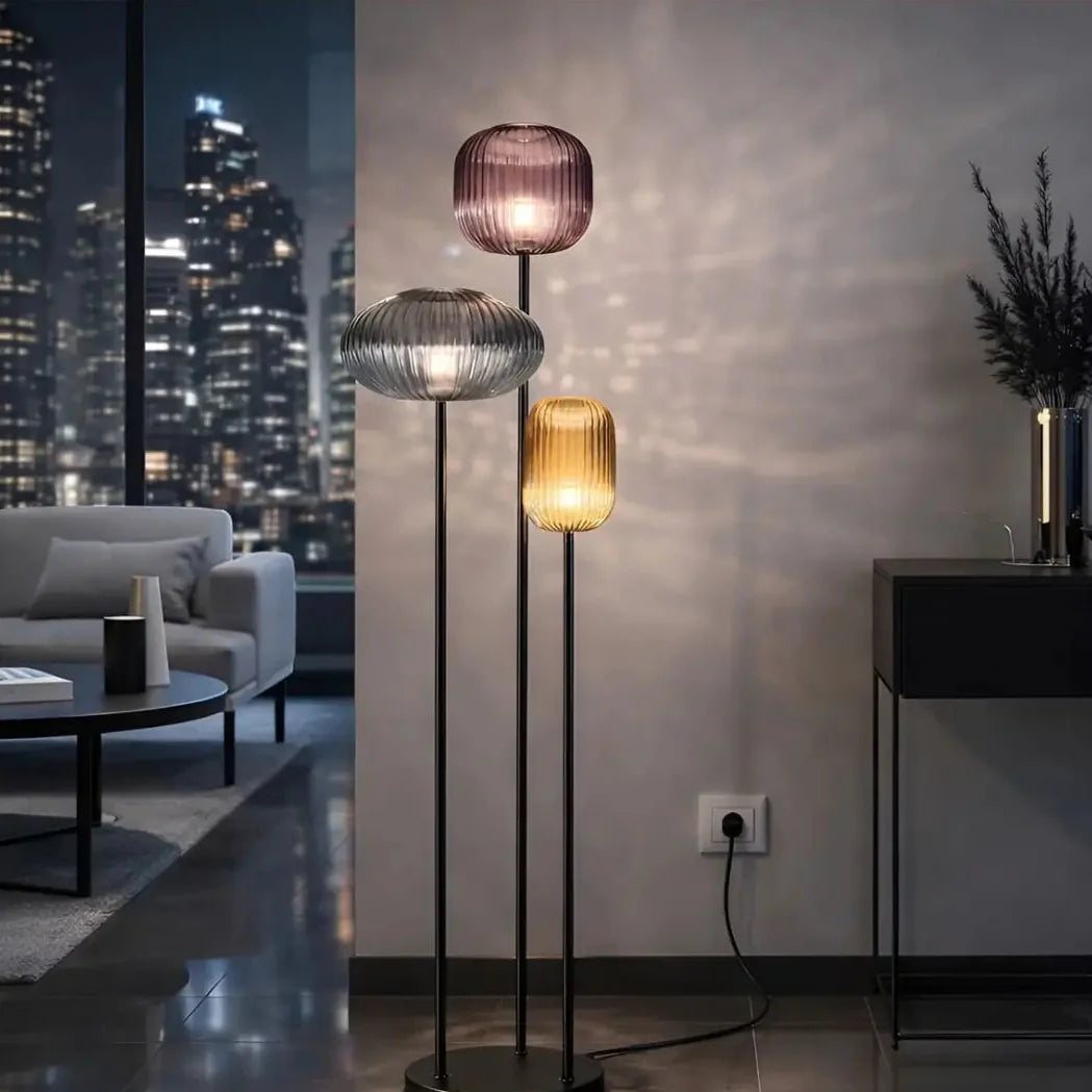 HALO Floor Lamp detail – hand-blown glass globe close-up, warm diffused light, vintage style