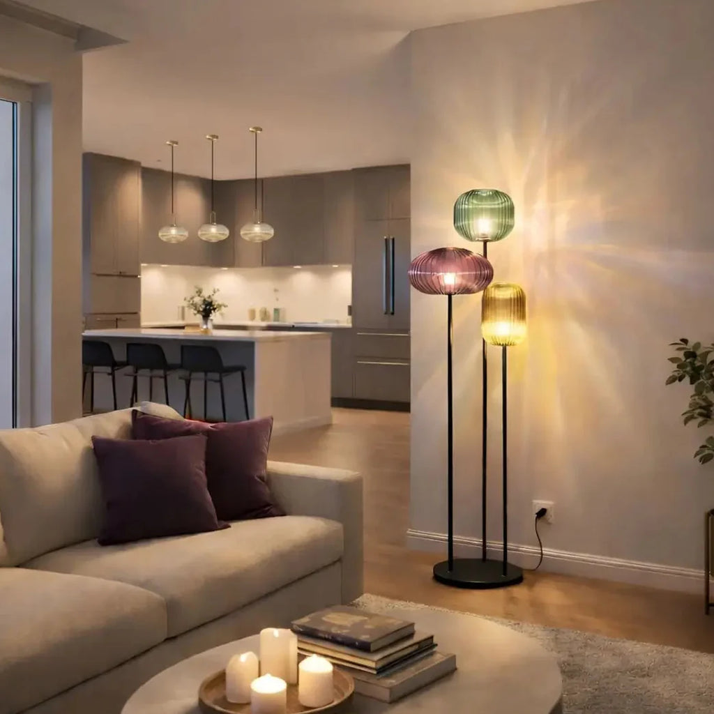 HALO Floor Lamp in bedroom setting – three glass globes at varying heights, soft ambient lighting