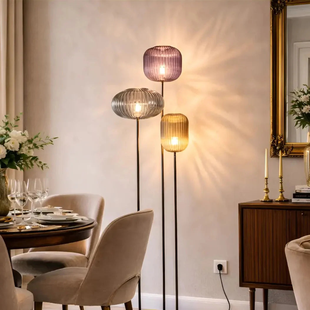 HALO Floor Lamp glass detail – clear and smoked glass options, E27 bulb compatible, LUMA LIGHTS
