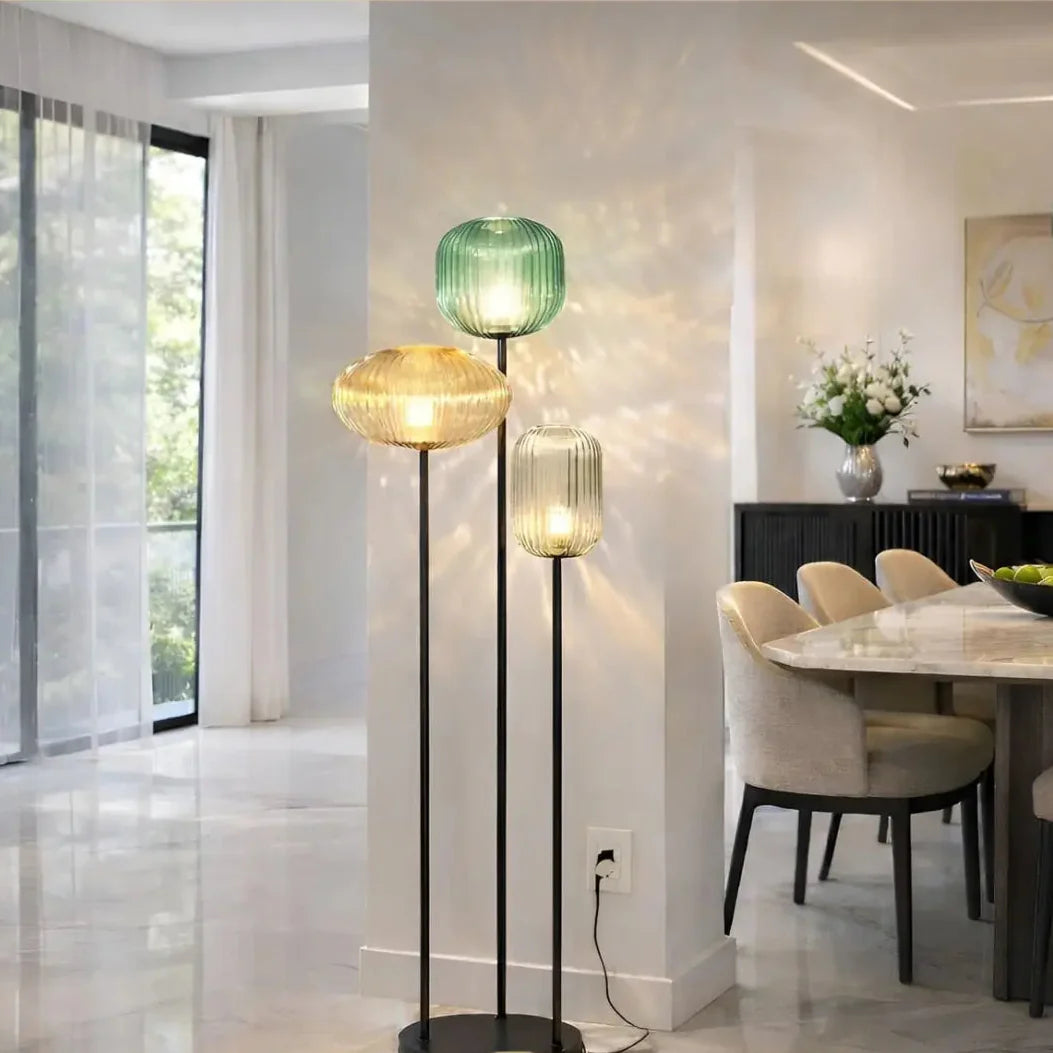 HALO Vintage Floor Lamp full view – sculptural lighting, gold and smoked glass edition