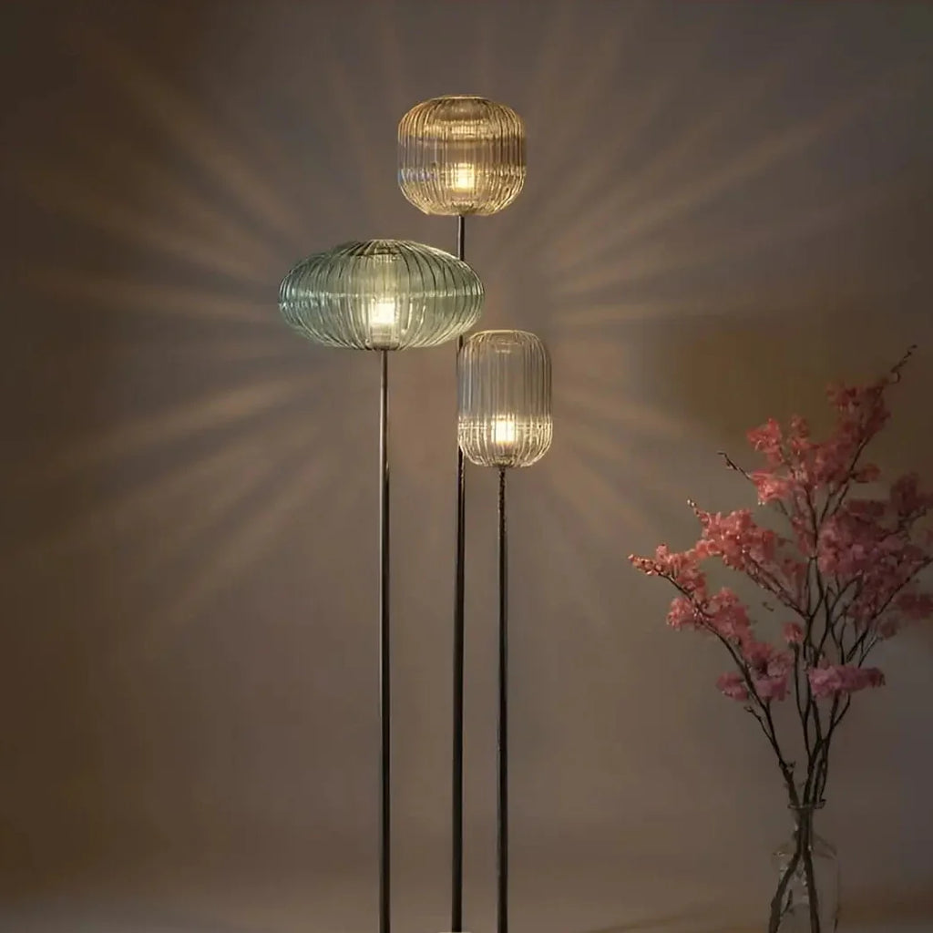 HALO Vintage Glass Floor Lamp – 3 hand-blown glass globes on black metal stem, 165cm, living room