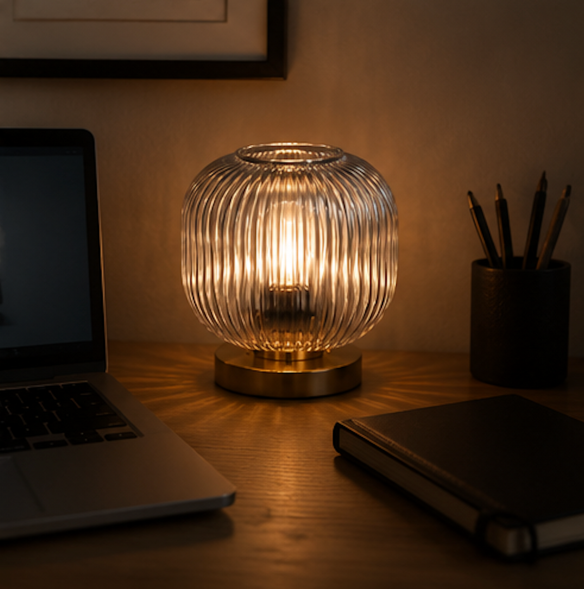 HALO Table Lamp amber glass variant – warm amber glow, brushed brass structure, living room decor