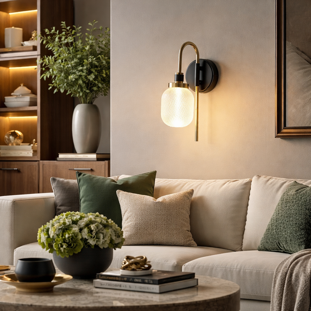 HALO Eglantine Wall Light in bedroom – soft ambient glow, brass and black sconce, luxury interior