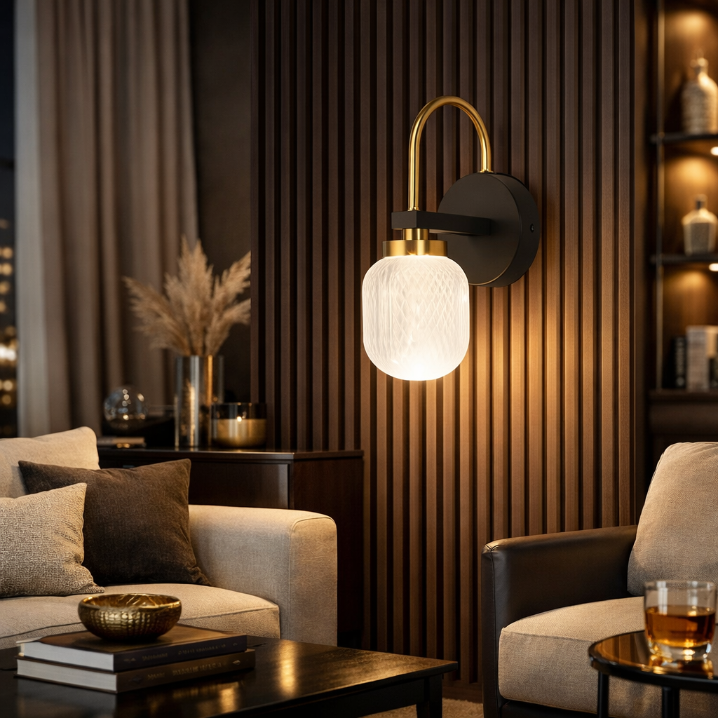 HALO Eglantine Wall Light – polished brass arch, matte black backplate, frosted etched glass shade