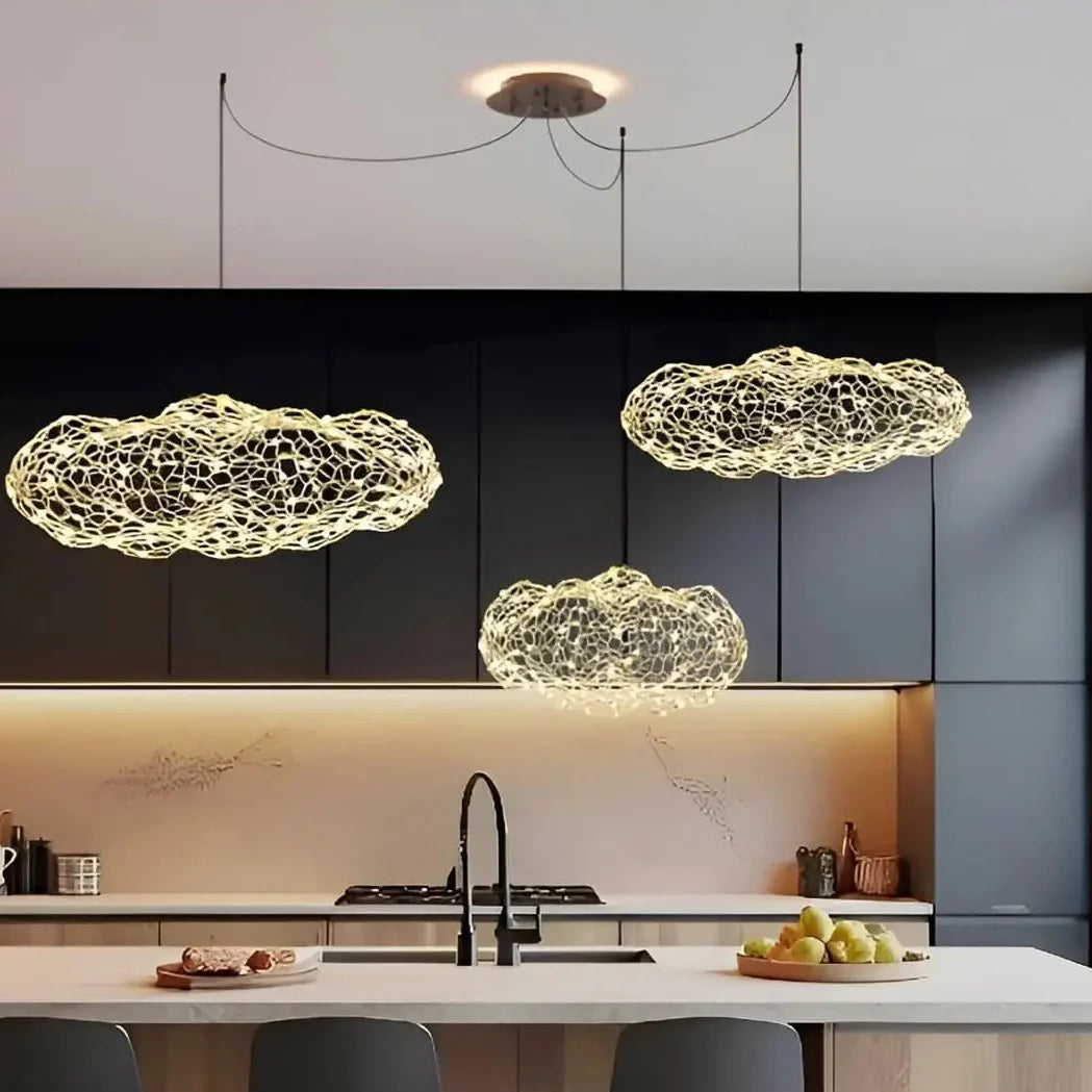 KLOUD Metallic Cloud Pendant Light – gold metallic mesh, floating cloud shape, warm 2700K LED