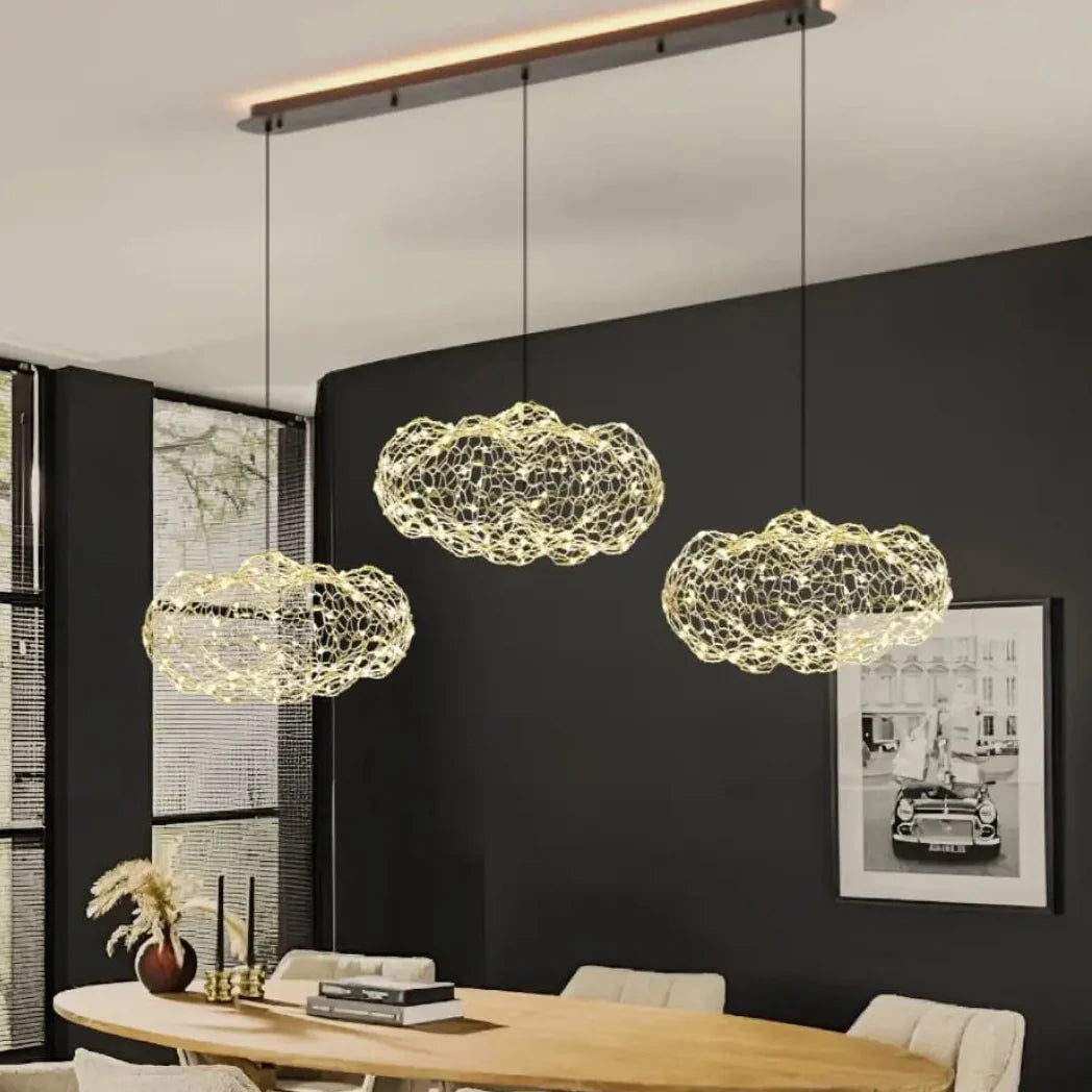 KLOUD Cloud Pendant Light in living room – gold mesh, soft light and shadow, modern interior