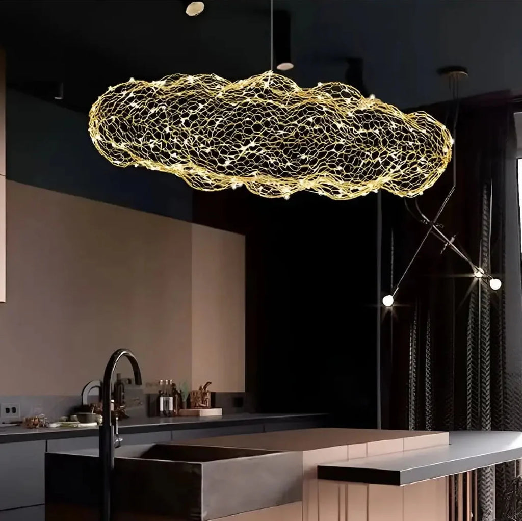 KLOUD Cloud Pendant Light close-up – delicate metallic mesh texture, integrated LED, Art Deco style