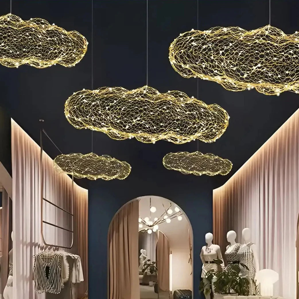 KLOUD Cloud Pendant Light in hallway – 75cm model, gold metallic mesh, corridor lighting