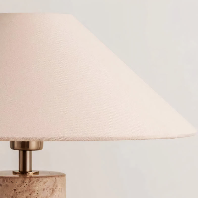 STONE Marble Lamp close-up – natural marble texture base, polished metal frame, fabric shade