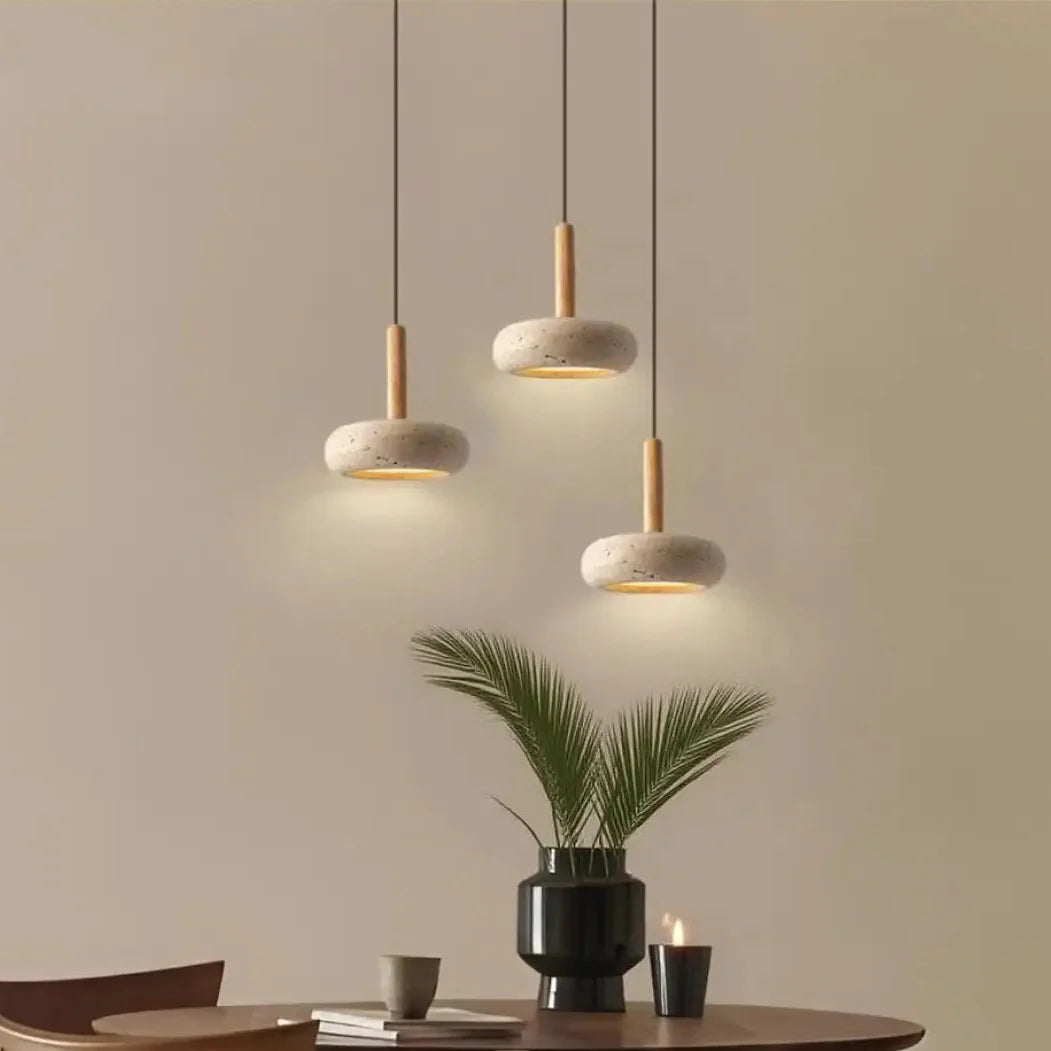 STONE Pendant Light wood canopy detail – warm beech wood fitting, brown textile cable close-up