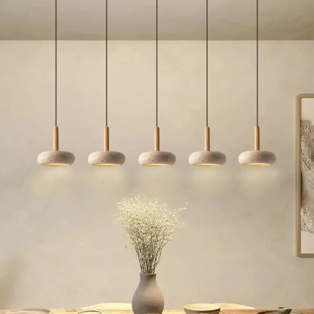 STONE Natural Stone & Wood Pendant Light – Scandinavian style, tubular stone shade, wood canopy