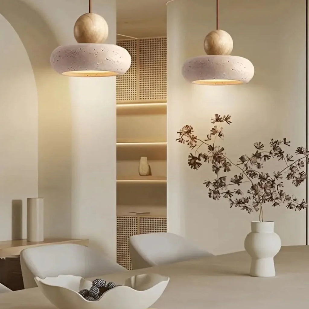 STONE Pendant Light – natural stone shade bottom view, warm G9 light, unique stone pattern