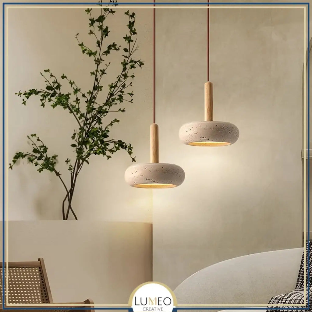 STONE Pendant Light in bedroom – soft ambient light, stone and wood, minimalist Nordic decor
