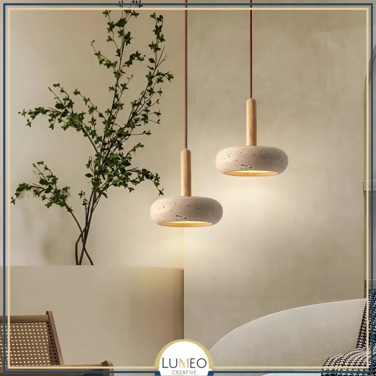 STONE Pendant Light in bedroom – soft ambient light, stone and wood, minimalist Nordic decor
