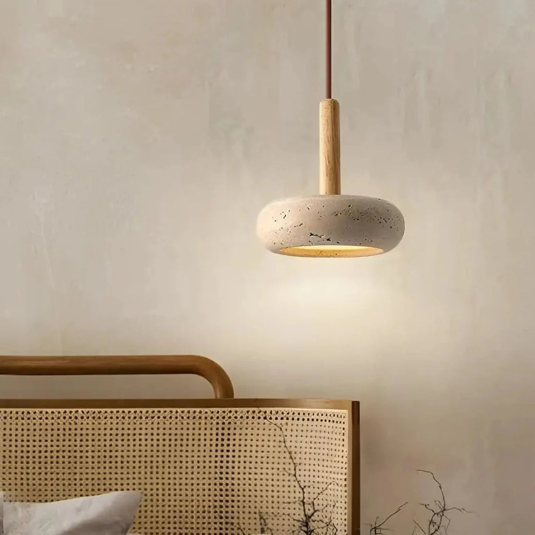 STONE Pendant Light Model A – 40cm cable, natural stone tube shade, warm wood fitting, Nordic interior