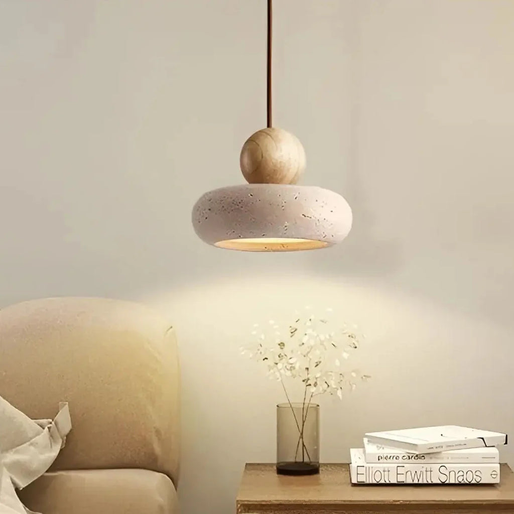 STONE Pendant Light Model B – round stone shade, 40cm brown textile cable, Japandi style